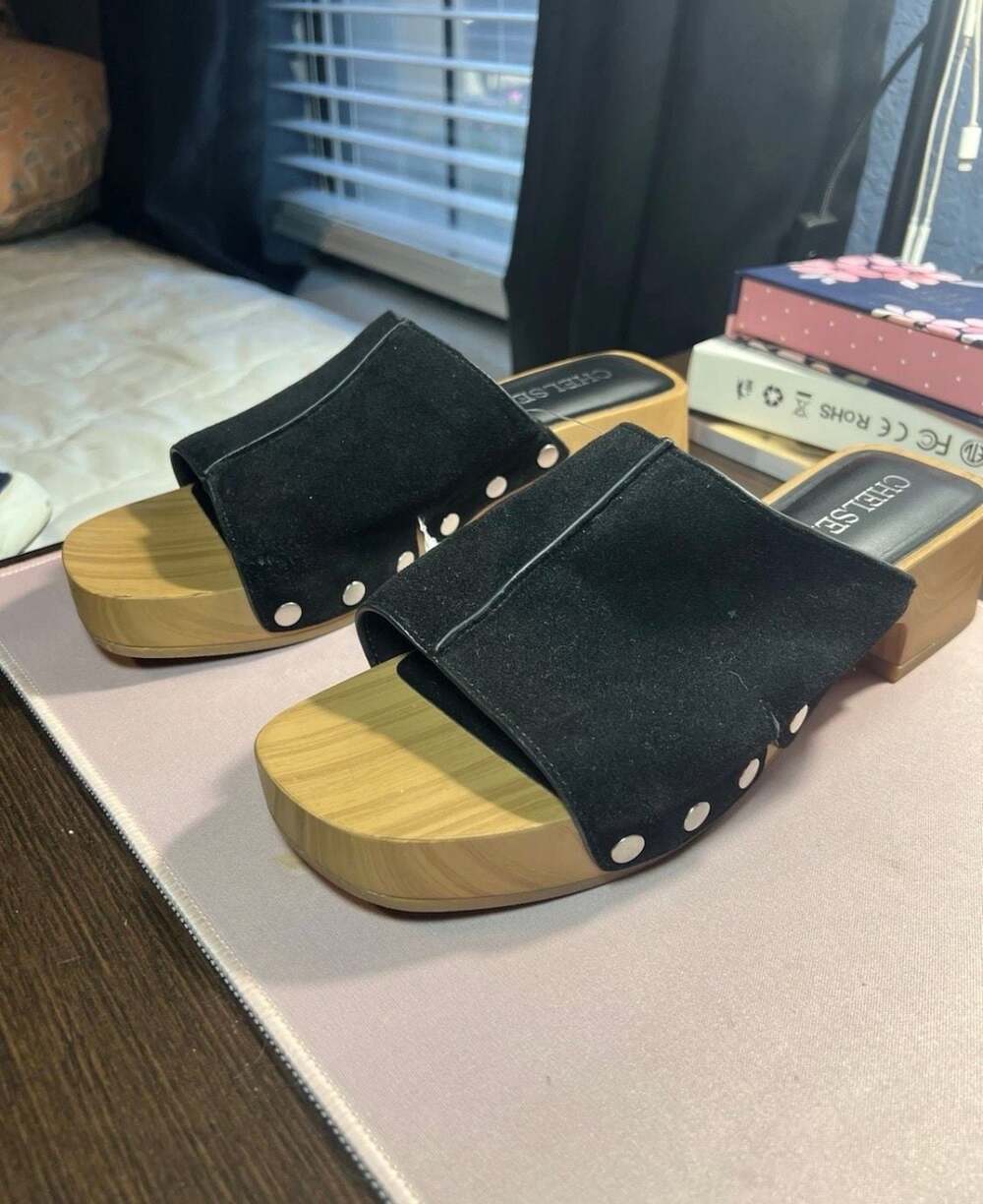 Chelsea & Violet Black Suede Studded Platform Clog Mules